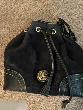 Dooney & Bourke Black Leather Drawstring Bucket Bag with Tassel